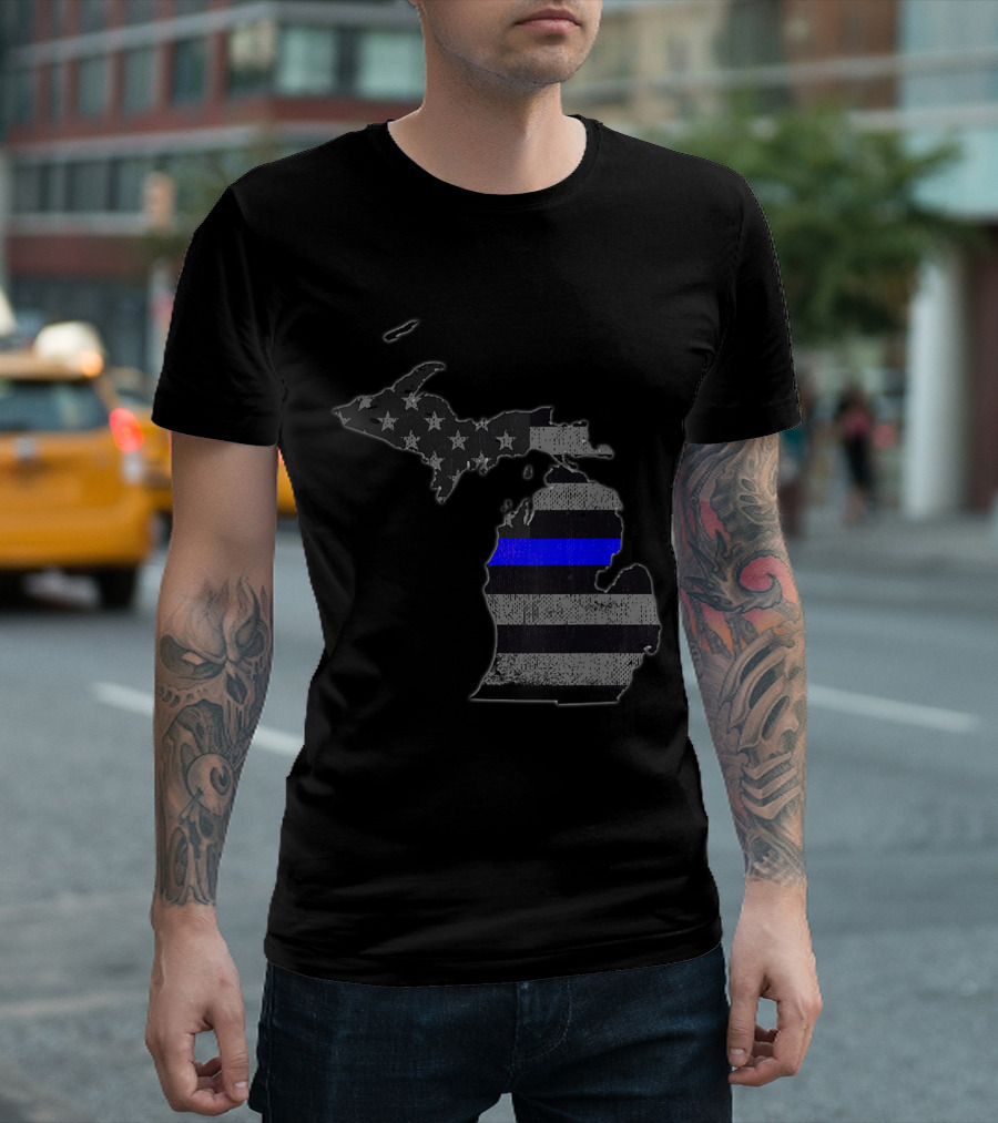 Michigan Police Officer's Department Thin Blue Line Flag Map T-Shirt