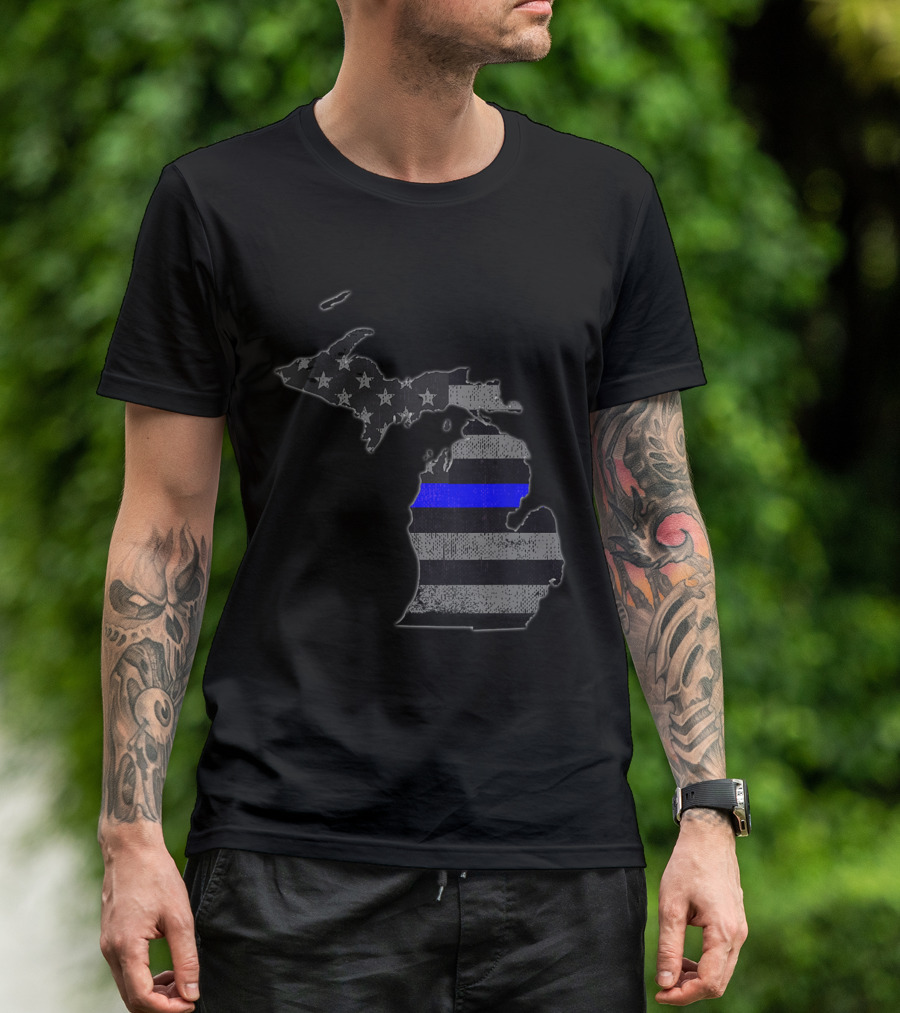 Michigan Police Officer's Department Thin Blue Line Flag Map T-Shirt