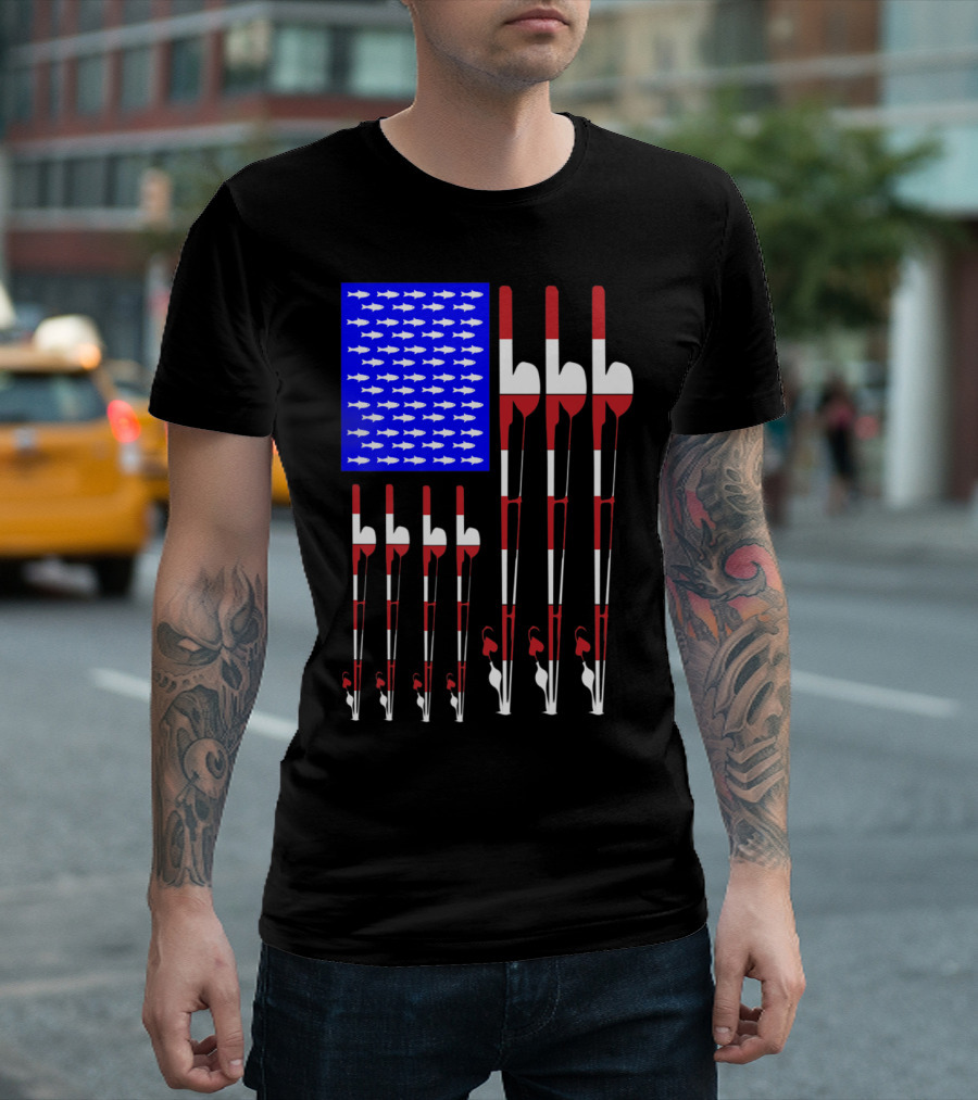 American Flag Fishing Poles with Blue Fish T-Shirt