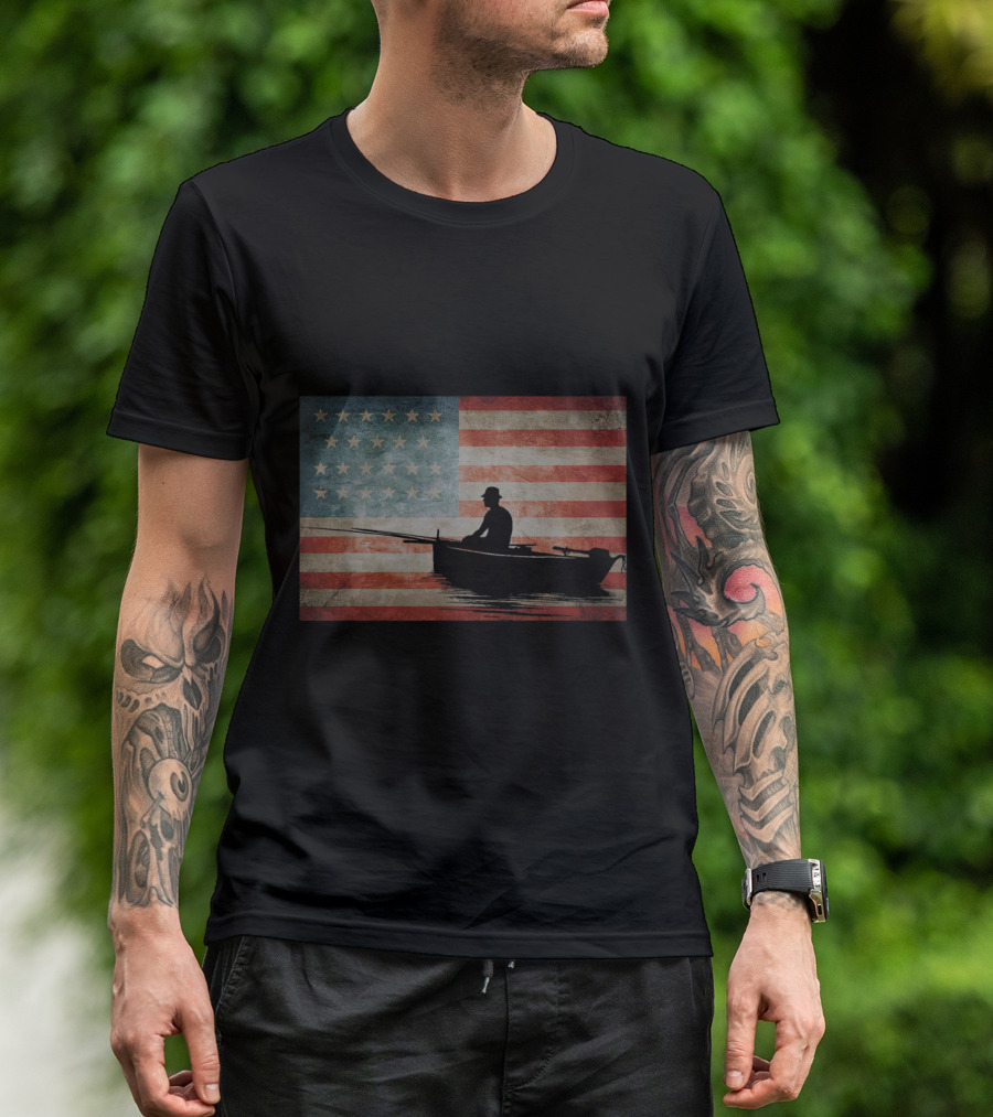 Patriotic Fishing USA Flag Silhouette Cool Fishi T-Shirt