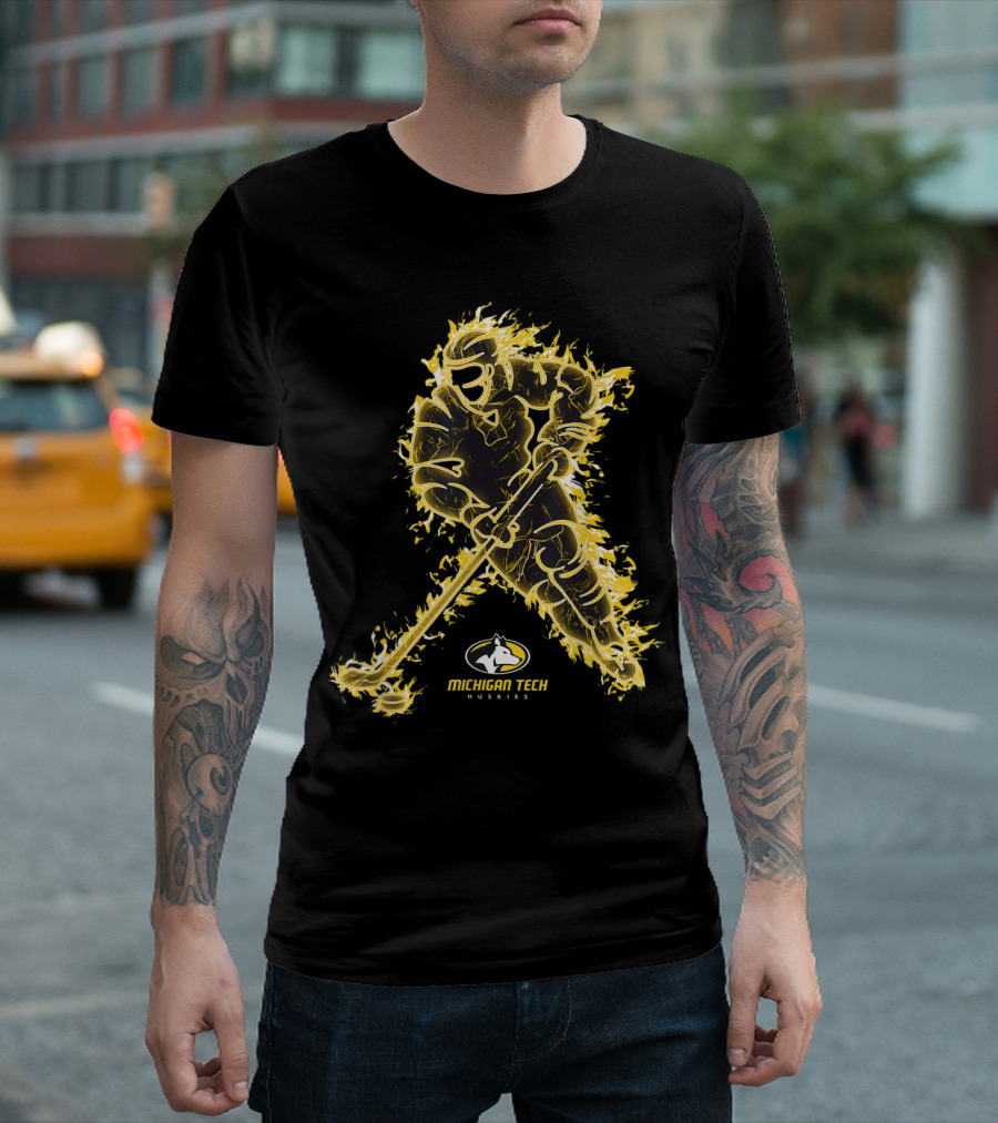Michigan Tech Huskies Hockey Player Surrounded By Flames T-Shirt