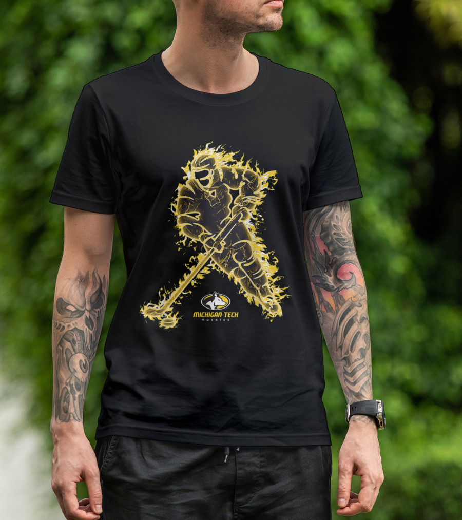 Michigan Tech Huskies Hockey Player Surrounded By Flames T-Shirt