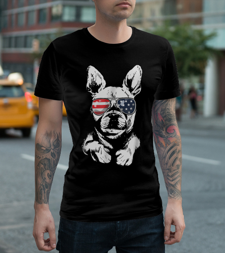 American Flag Glasses French Bulldog Patriotic Humor T-Shirt