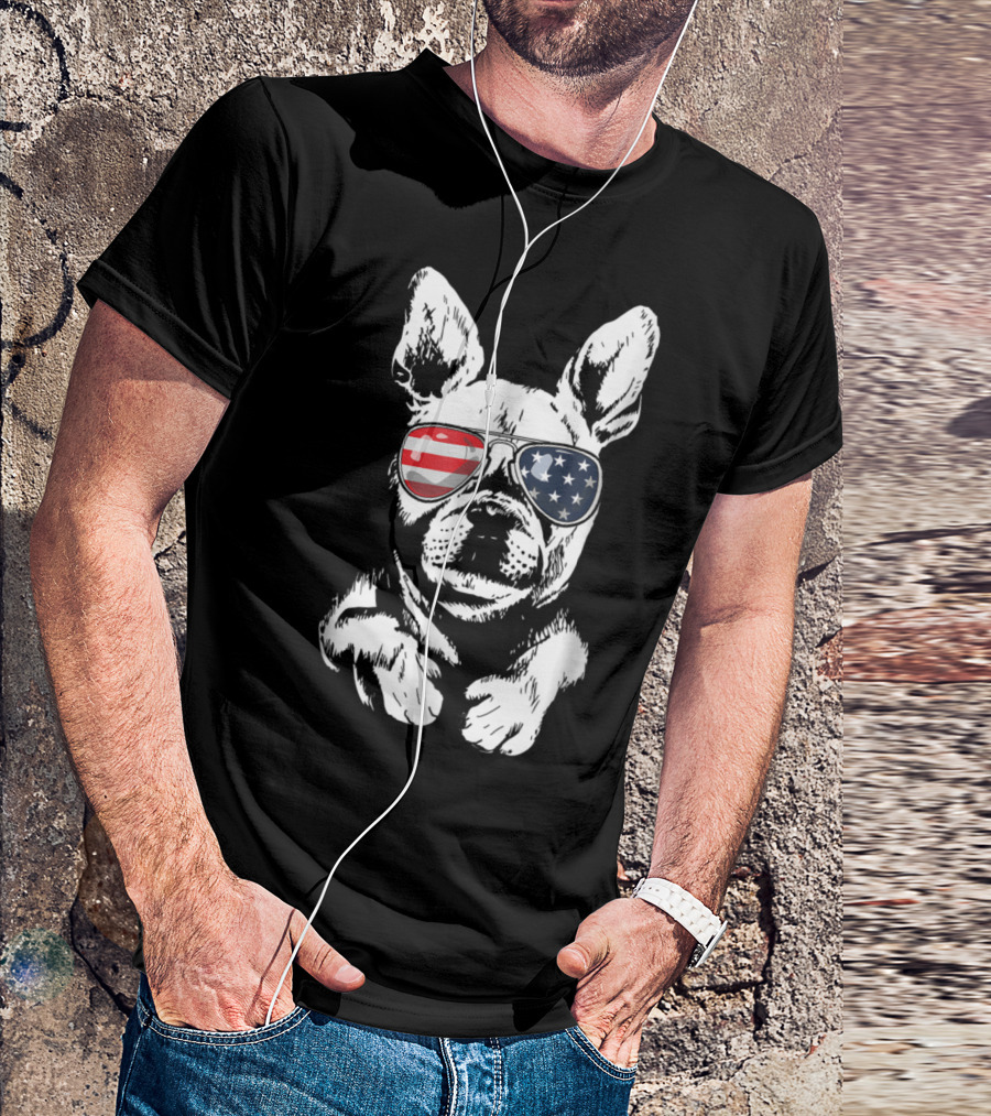 American Flag Glasses French Bulldog Patriotic Humor T-Shirt