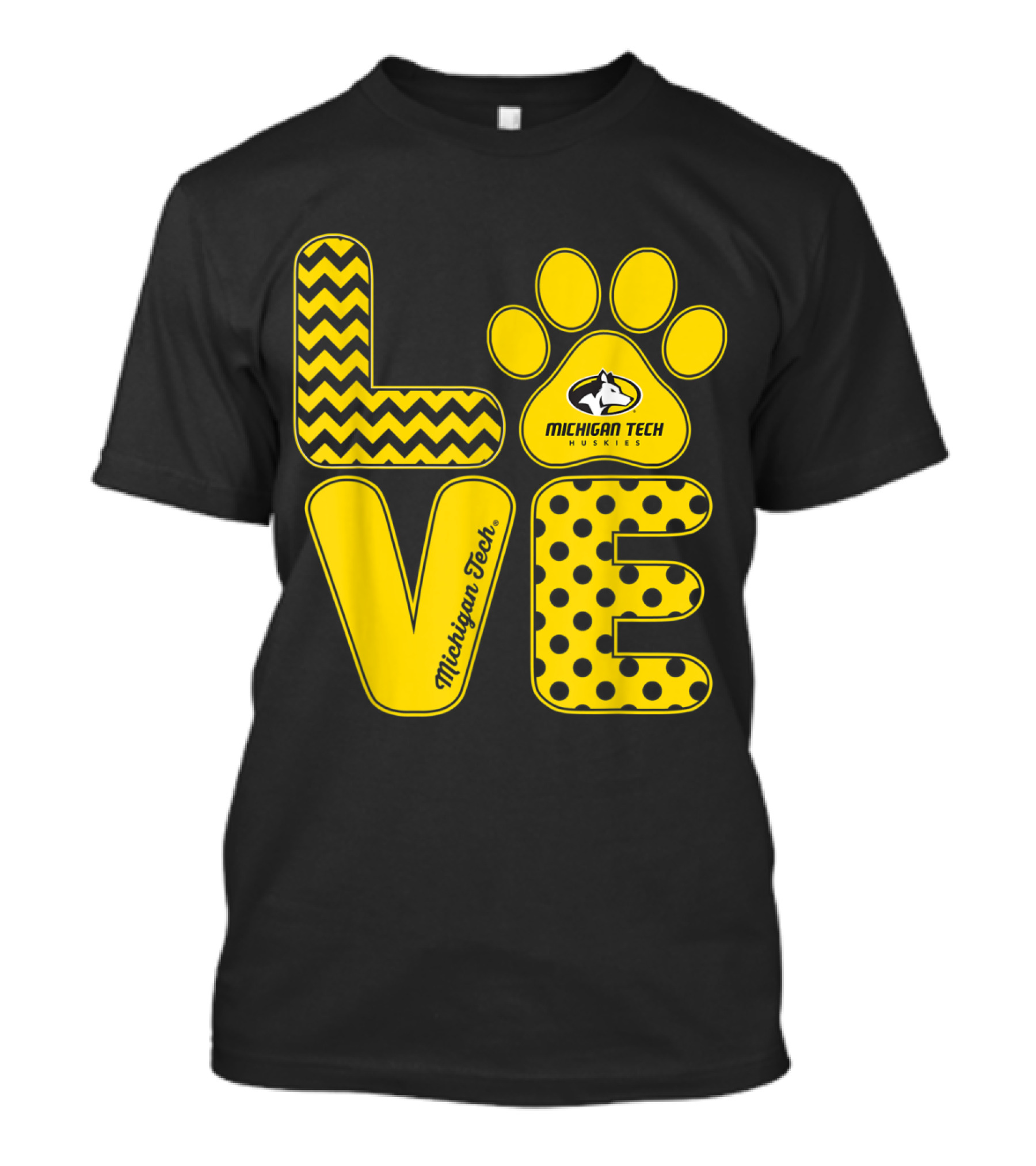 Michigan Tech Huskies Love Paw Logo With Chevron And Polka Dot T-Shirt