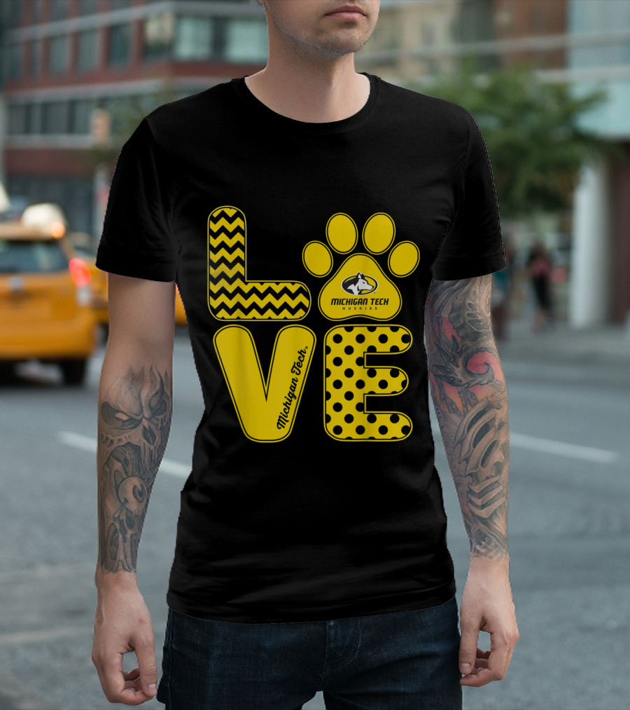 Michigan Tech Huskies Love Paw Logo With Chevron And Polka Dot T-Shirt