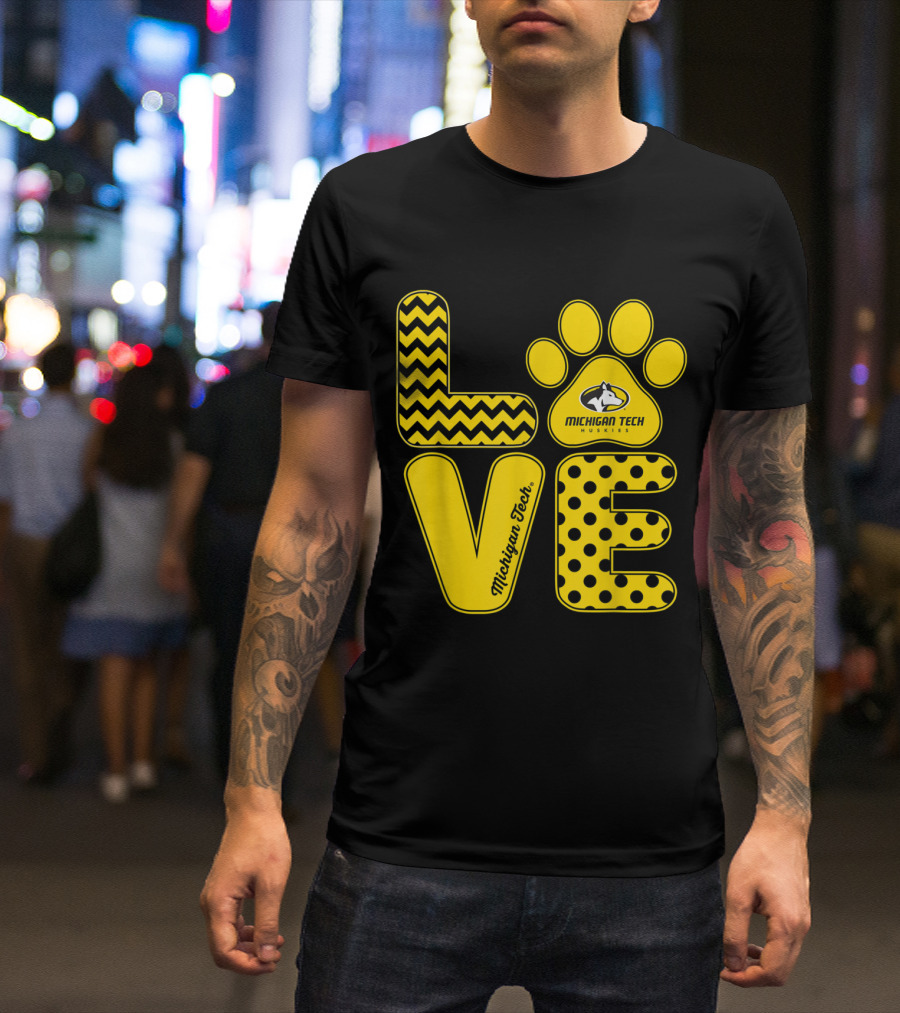 Michigan Tech Huskies Love Paw Logo With Chevron And Polka Dot T-Shirt