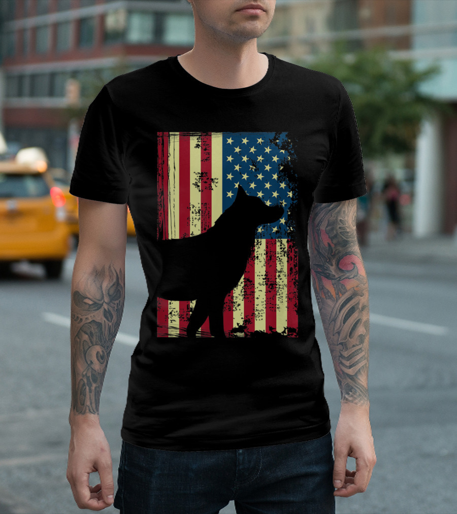 Patriotic German Shepherd Silhouette with American Flag Background Fourth of July T-Shirt