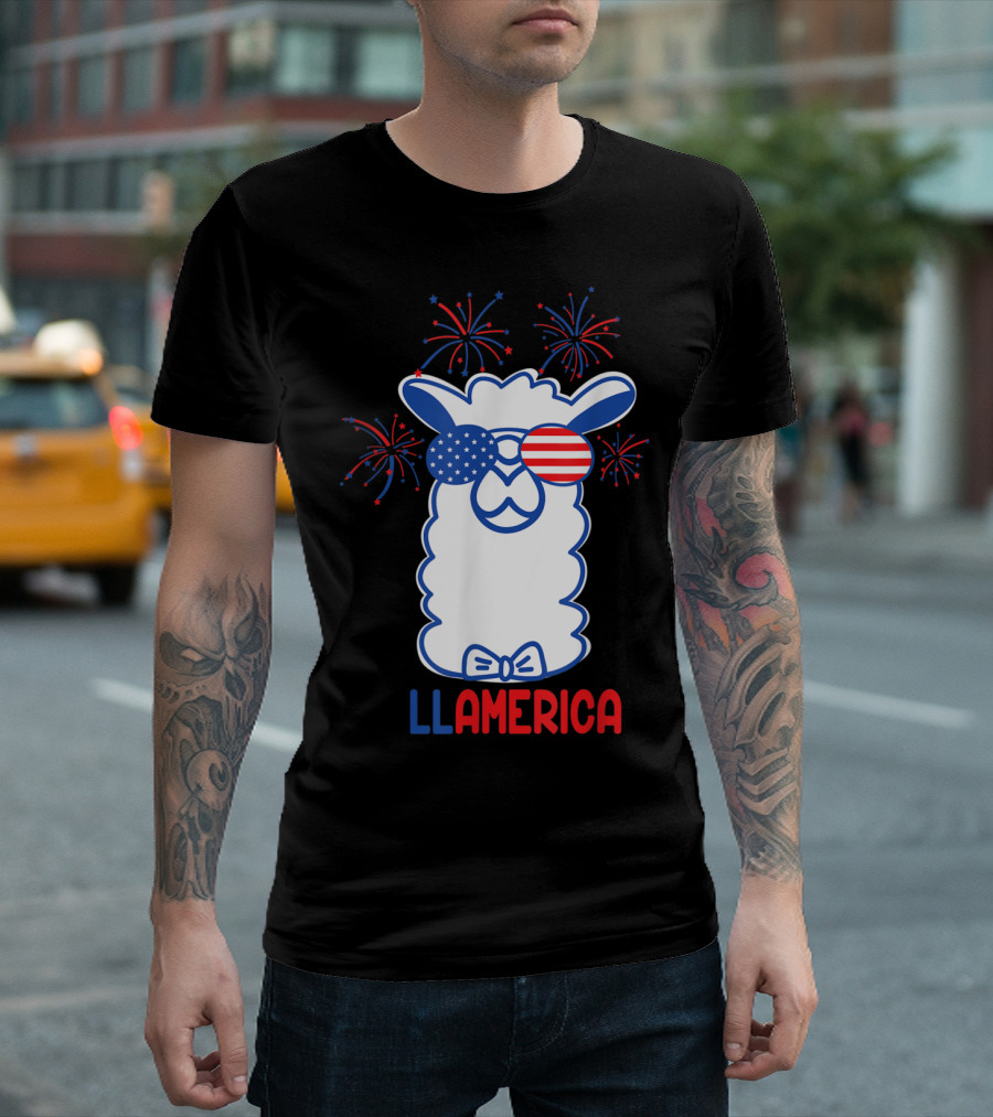 Llamerica Fireworks American Flag Glasses Llama T-Shirt
