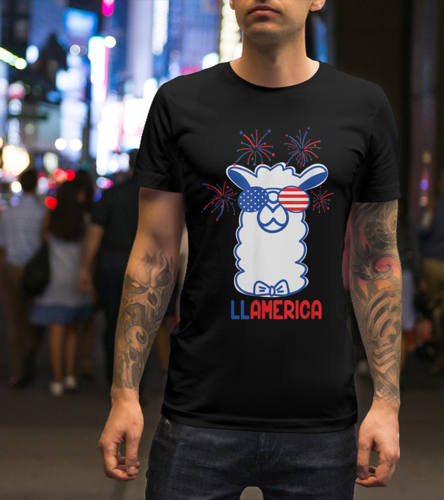 Llamerica Fireworks American Flag Glasses Llama T-Shirt