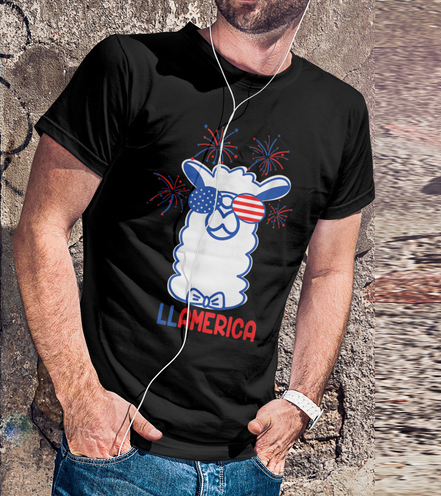 Llamerica Fireworks American Flag Glasses Llama T-Shirt