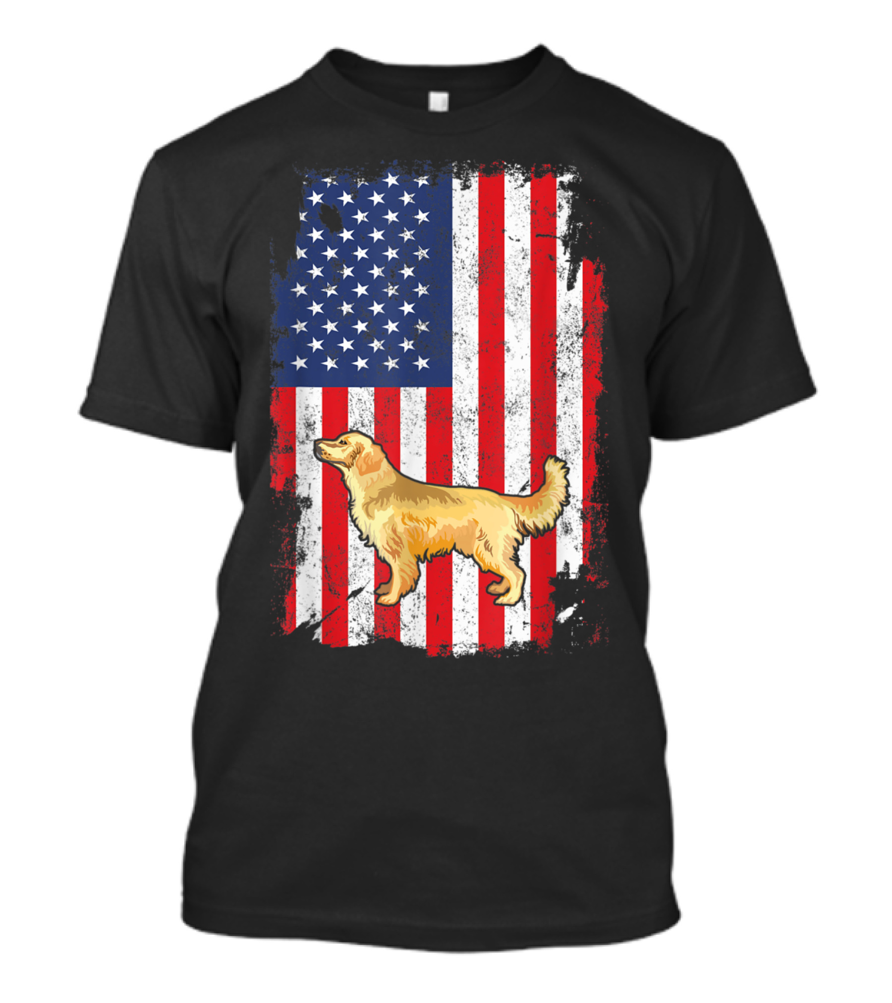 Golden Retriever With American Flag In Patriotic T-Shirt