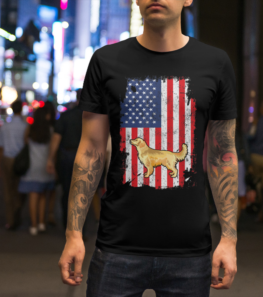 Golden Retriever With American Flag In Patriotic T-Shirt