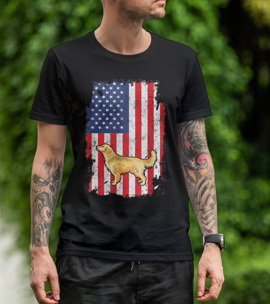 Golden Retriever With American Flag In Patriotic T-Shirt