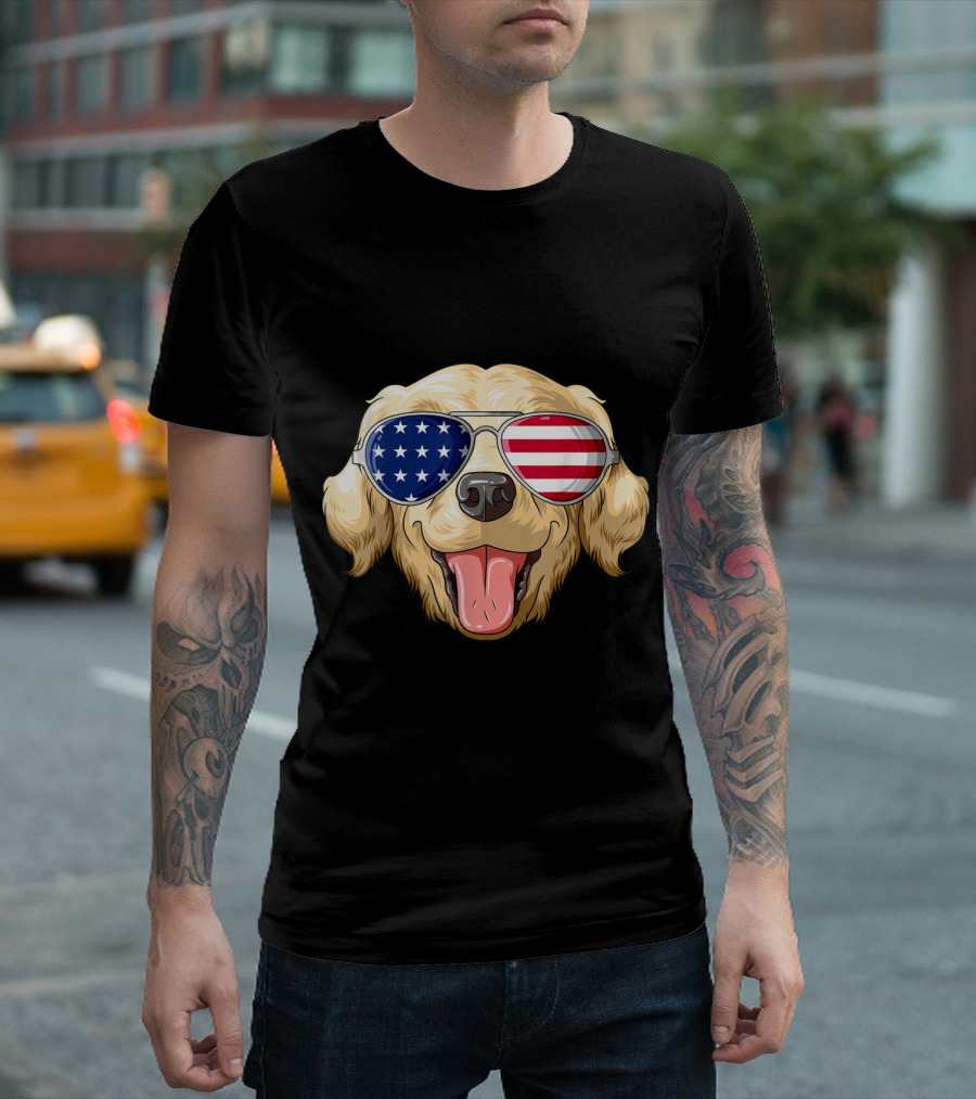 Golden Retriever with American Flag Sunglasses Patriotic T-Shirt