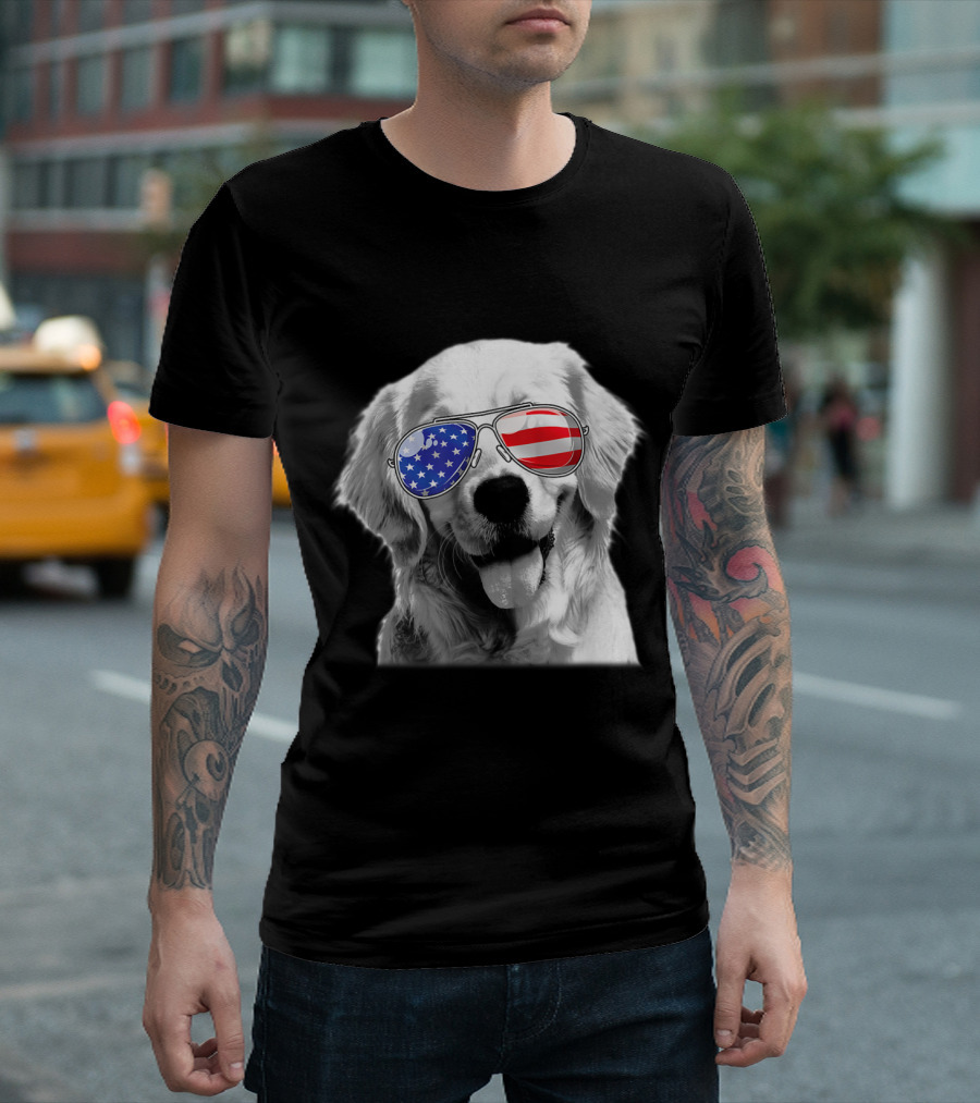 USA Flag Sunglasses Golden Retriever Patriotic Wear T-Shirt