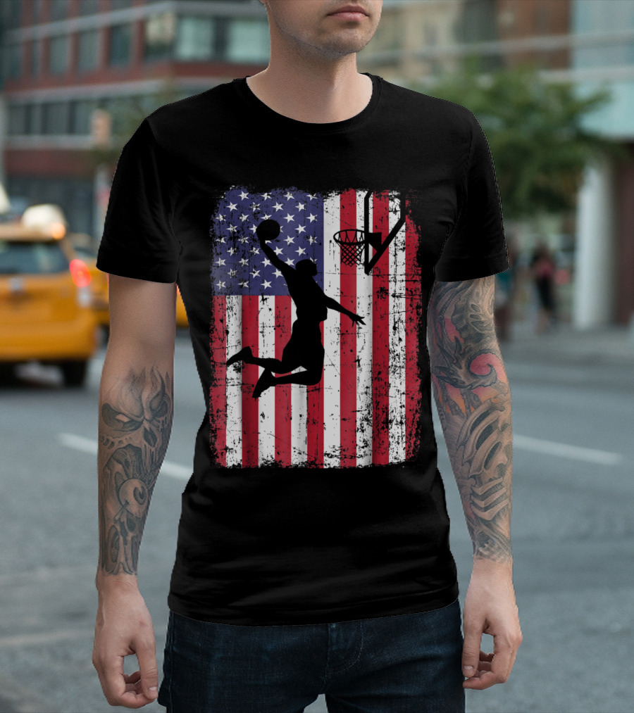 USA Flag Basketball Dunk Silhouette Patriotic Sports Graphics T-Shirt