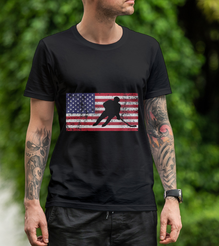 USA American Flag Hockey Player Silhouette 4th Of July T-Shirt