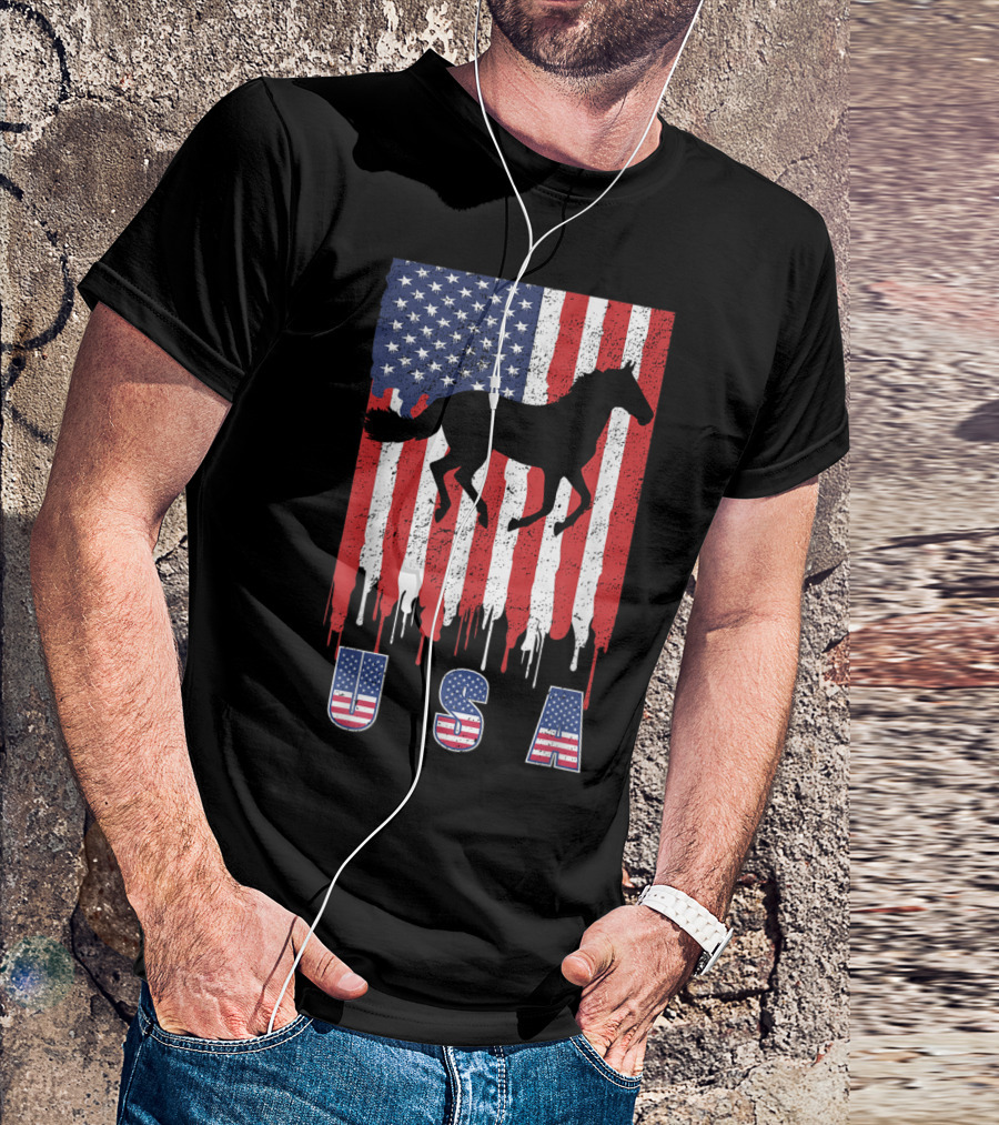 USA Patriotic Horse Silhouette With Dripping American Flag T-Shirt