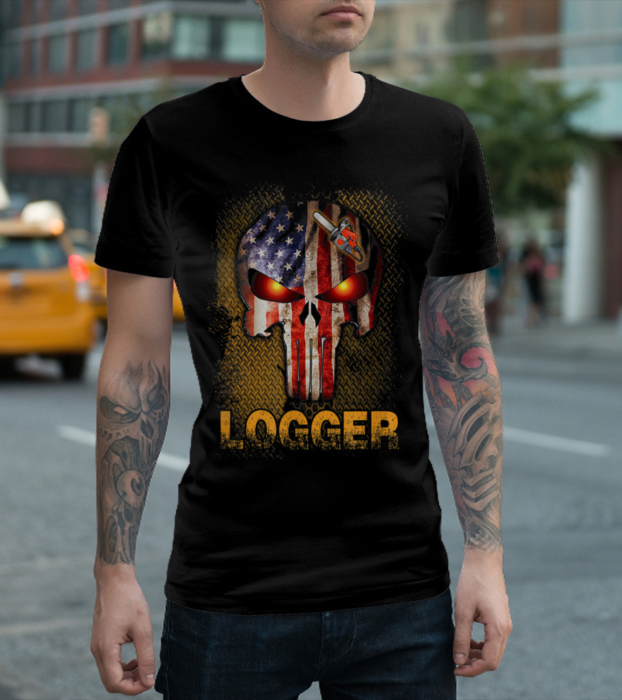 Logger Skull American Flag Chainsaw T-Shirt