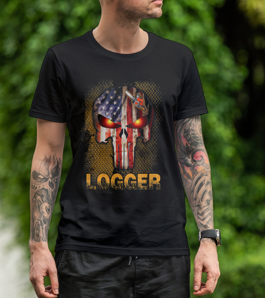 Logger Skull American Flag Chainsaw T-Shirt