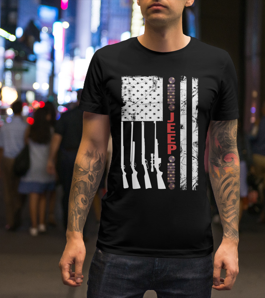 Jeep Hunting Rifles American Flag Patriotic T-Shirt