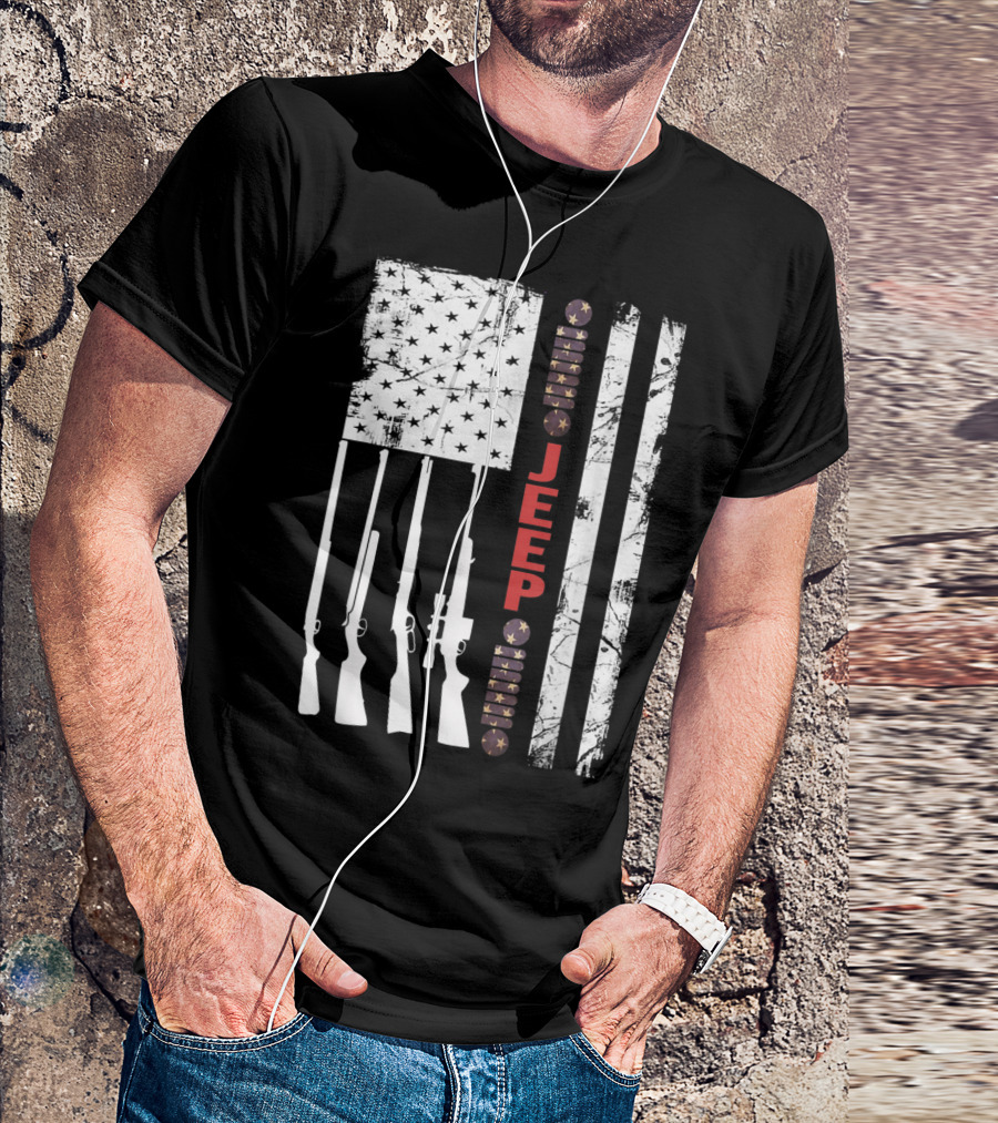 Jeep Hunting Rifles American Flag Patriotic T-Shirt