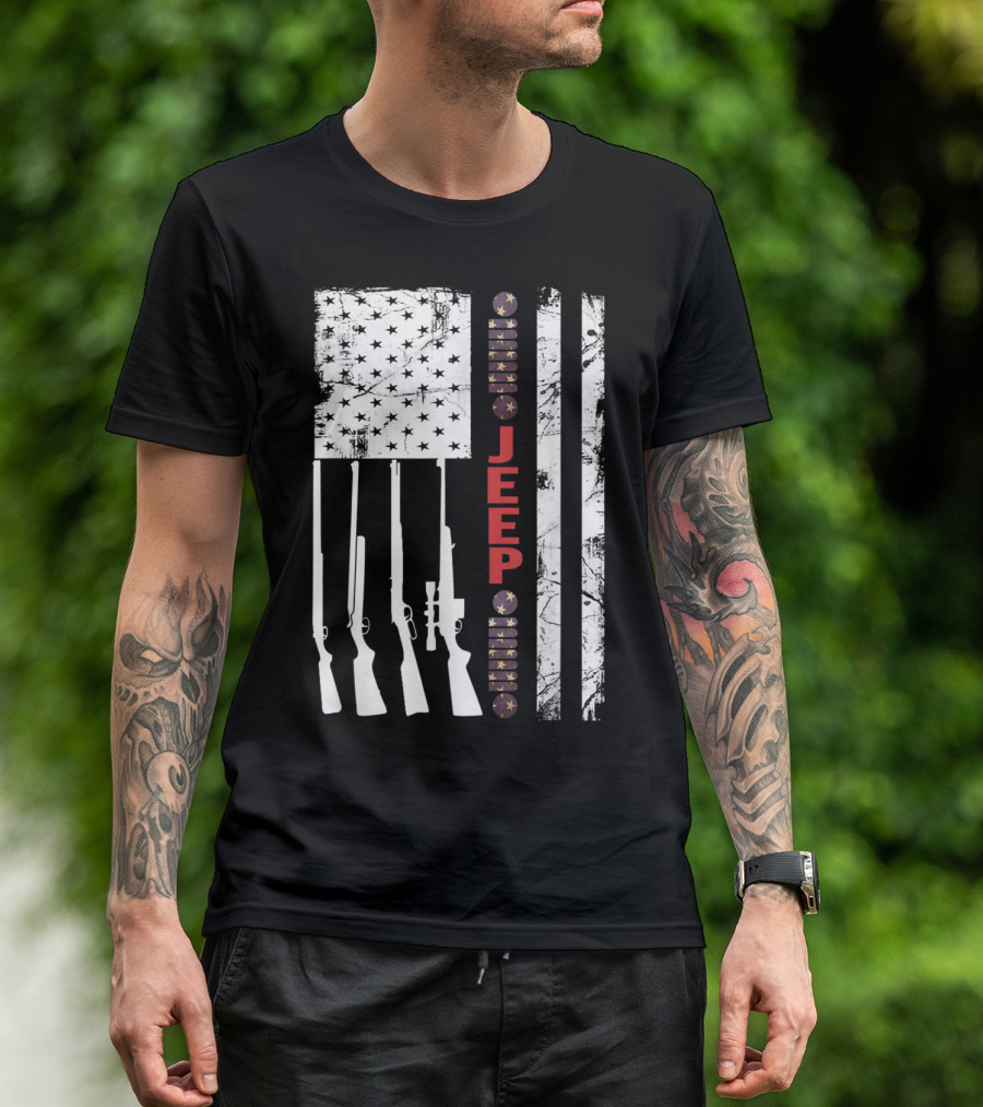Jeep Hunting Rifles American Flag Patriotic T-Shirt
