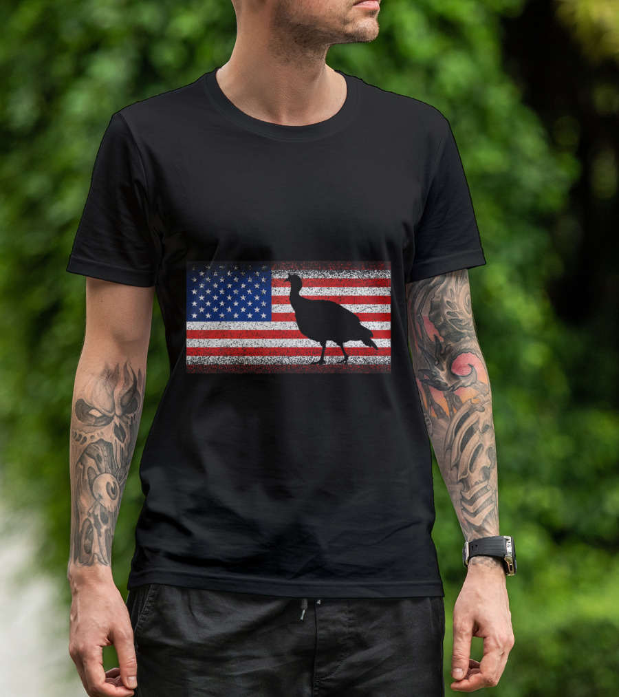 Patriotic Turkey Hunter With American Flag Background T-Shirt