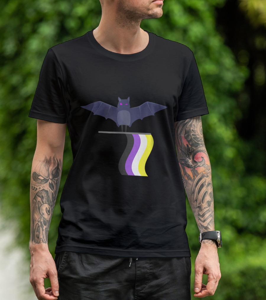Spooky Bat With Non Binary Flag Colors For Halloween T-Shirt