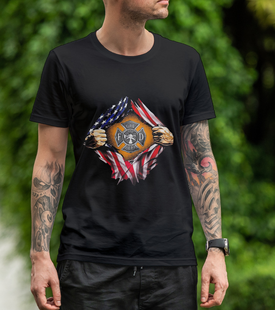 Fire Dept Shield With USA Flag And Firefighter Heroic Visual T-Shirt