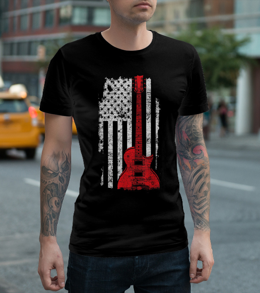 USA Flag Guitar America Guitar Vintage American Patriotism Instrument T-Shirt