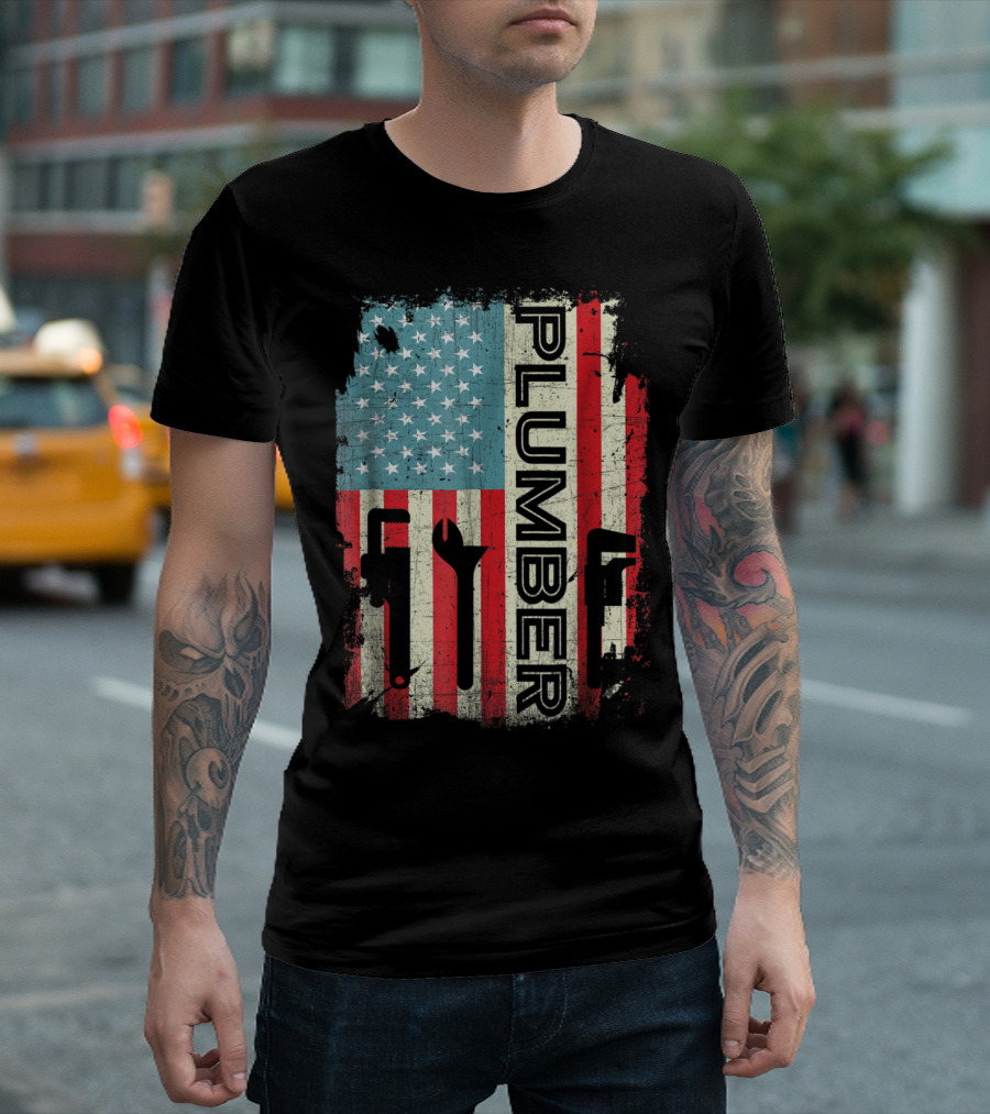 Patriotic Plumber American Flag Tools Design 4th Of July T-Shirt