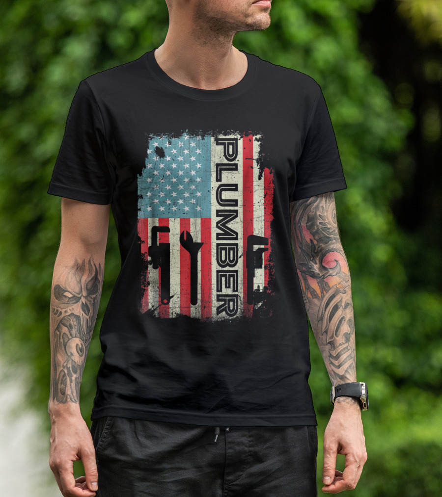 Patriotic Plumber American Flag Tools Design 4th Of July T-Shirt