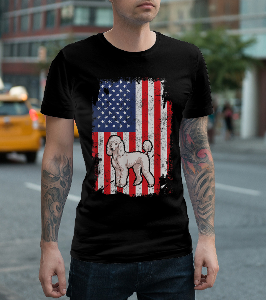 Poodle with American Flag Background and Patriotic T-Shirt