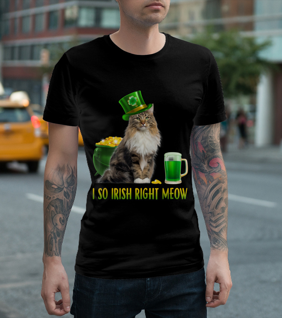 St Paddys Day I So Irish Right Meow Cat With Leprechaun Hat And Green Beer T-Shirt