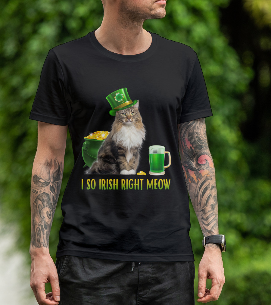 St Paddys Day I So Irish Right Meow Cat With Leprechaun Hat And Green Beer T-Shirt
