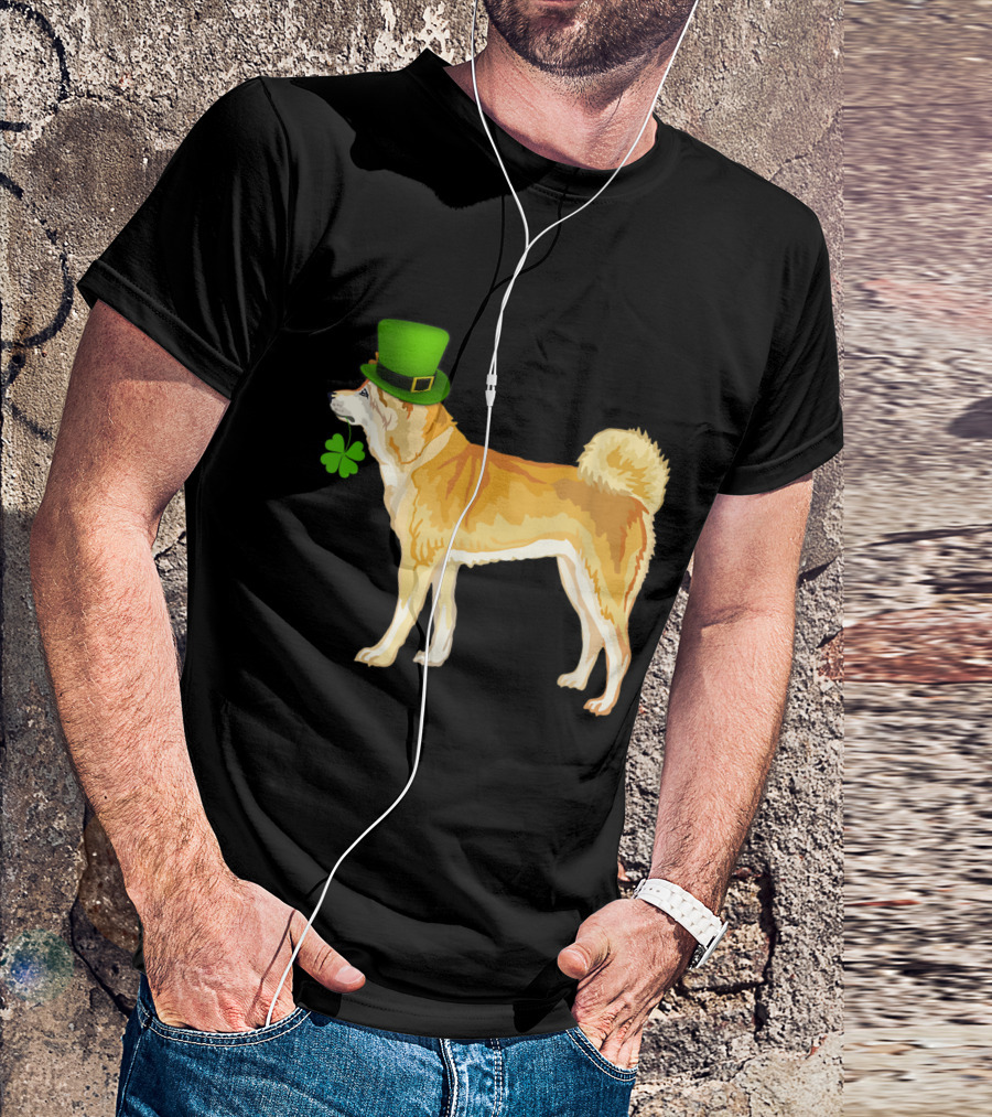 St Patrick's Day Akita Inu Dog With Irish Clover And Green Hat T-Shirt