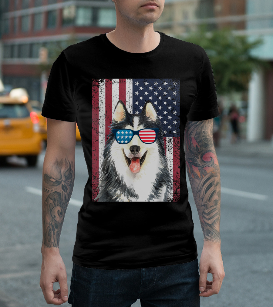 Siberian Husky with American Flag Sunglasses on Distressed Flag Background T-Shirt