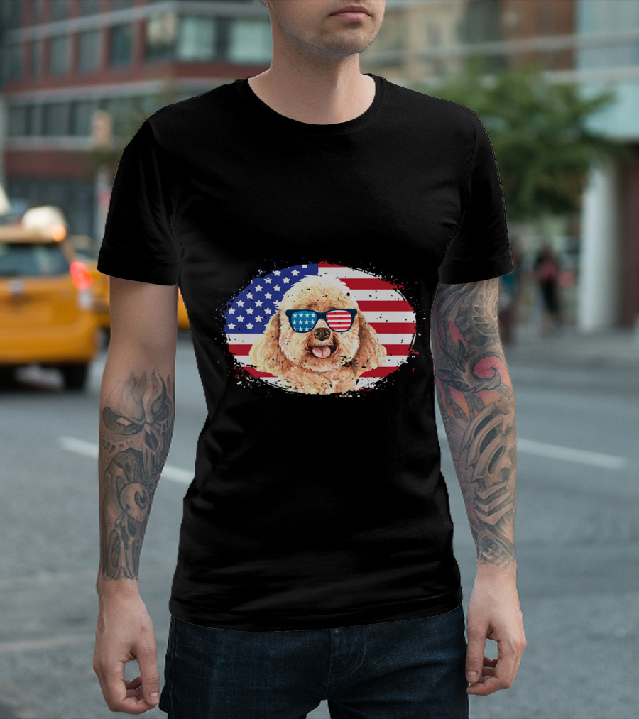 Patriotic Toy Poodle Wearing American Flag Sunglasses with USA Flag Background for 4th of July T-Shirt