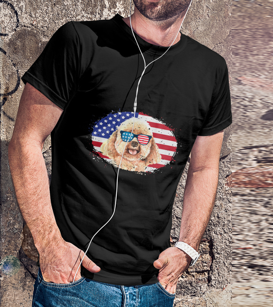 Patriotic Toy Poodle Wearing American Flag Sunglasses With USA Flag Background For 4th Of July T-Shirt
