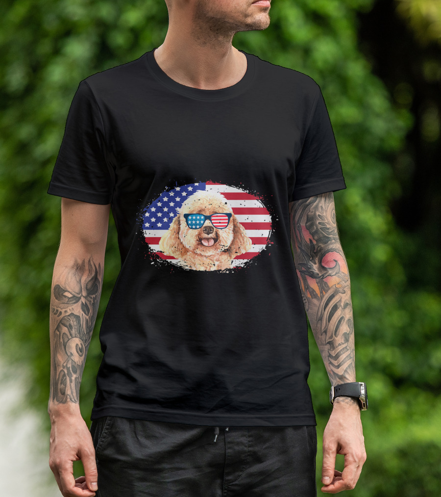Patriotic Toy Poodle Wearing American Flag Sunglasses With USA Flag Background For 4th Of July T-Shirt