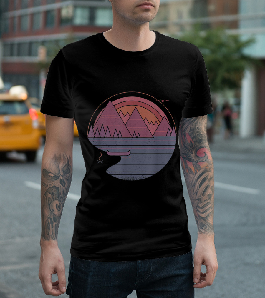 Minimalist Geometry Mountains and Sun Over Lake Outdoor Adventure T-Shirt