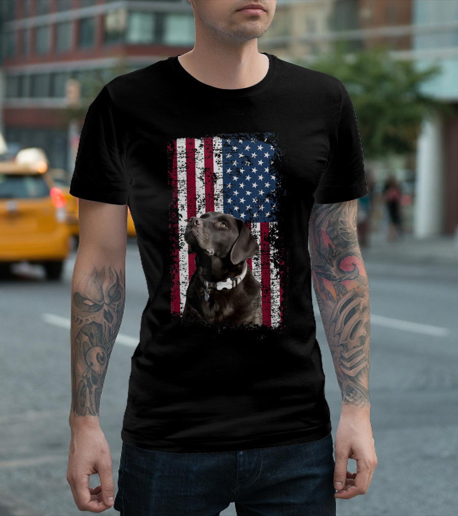 Patriotic USA Flag With Black Labrador Dog T-Shirt