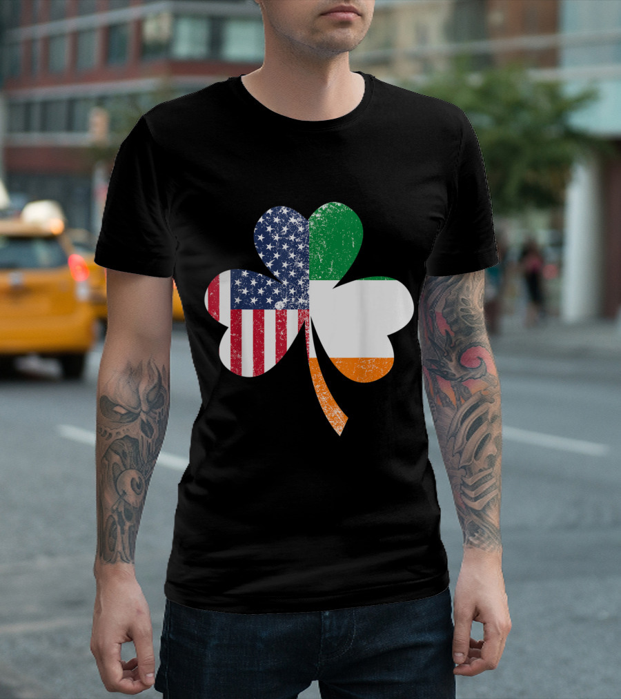 USA Flag US Irish Flag Ireland Shamrock Emblem T-Shirt