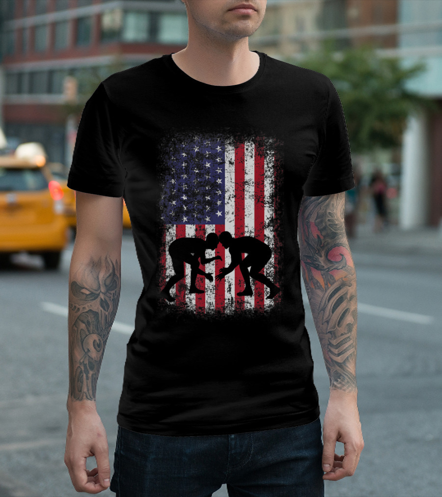 Usa Flag Wrestling Silhouette on American Flag Background T-Shirt