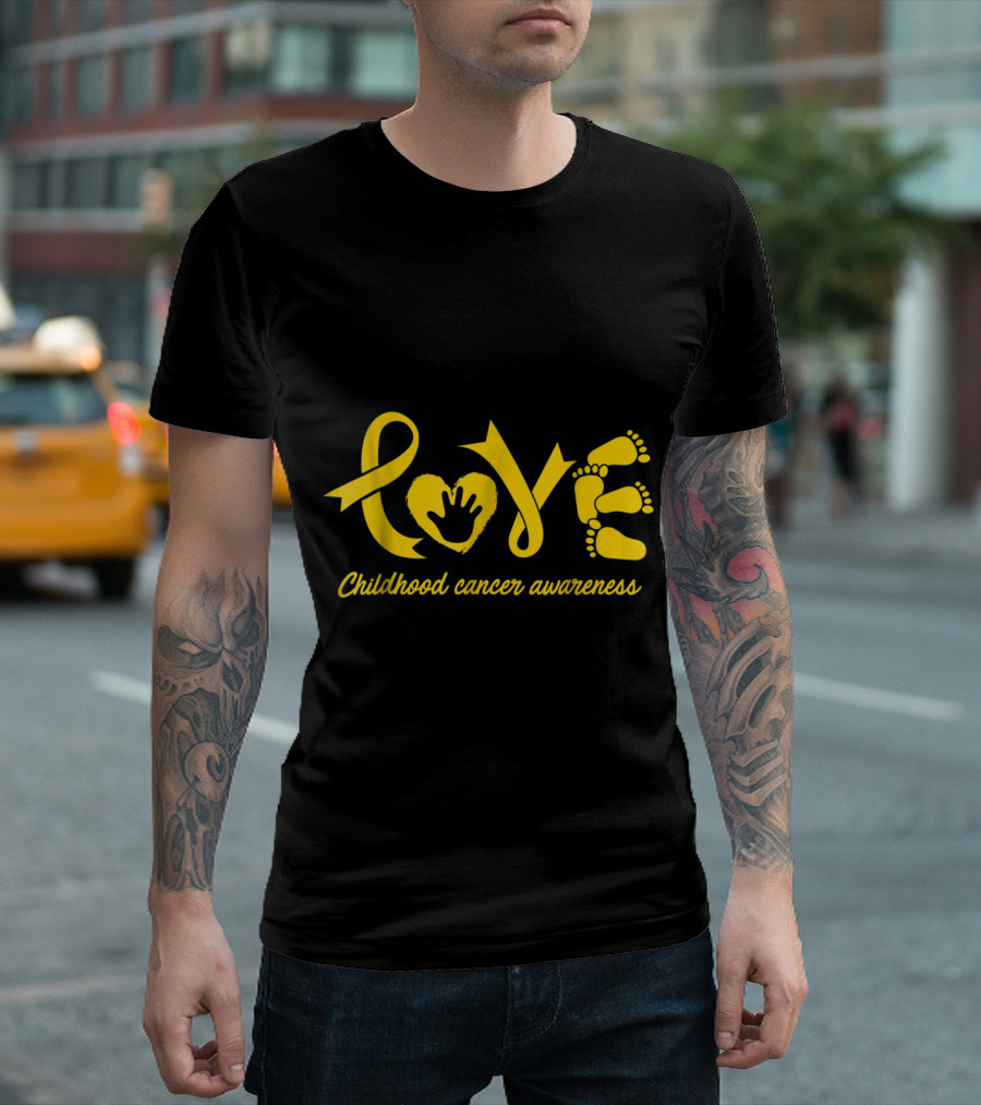 Love Childhood Cancer Awareness Yellow Ribbon Handprint and Footprint T-Shirt
