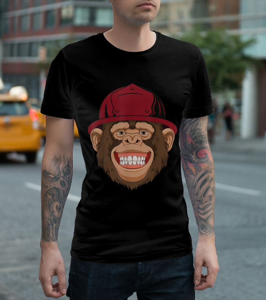 Monkey Wearing Red Firefighter Hat with Big Smile T-Shirt