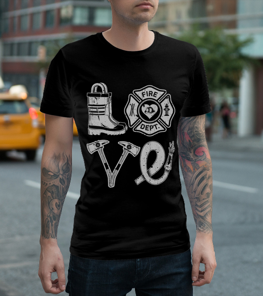 Love Firefighter Support Thin Red Fire Dept Boot Axes Hose T-Shirt