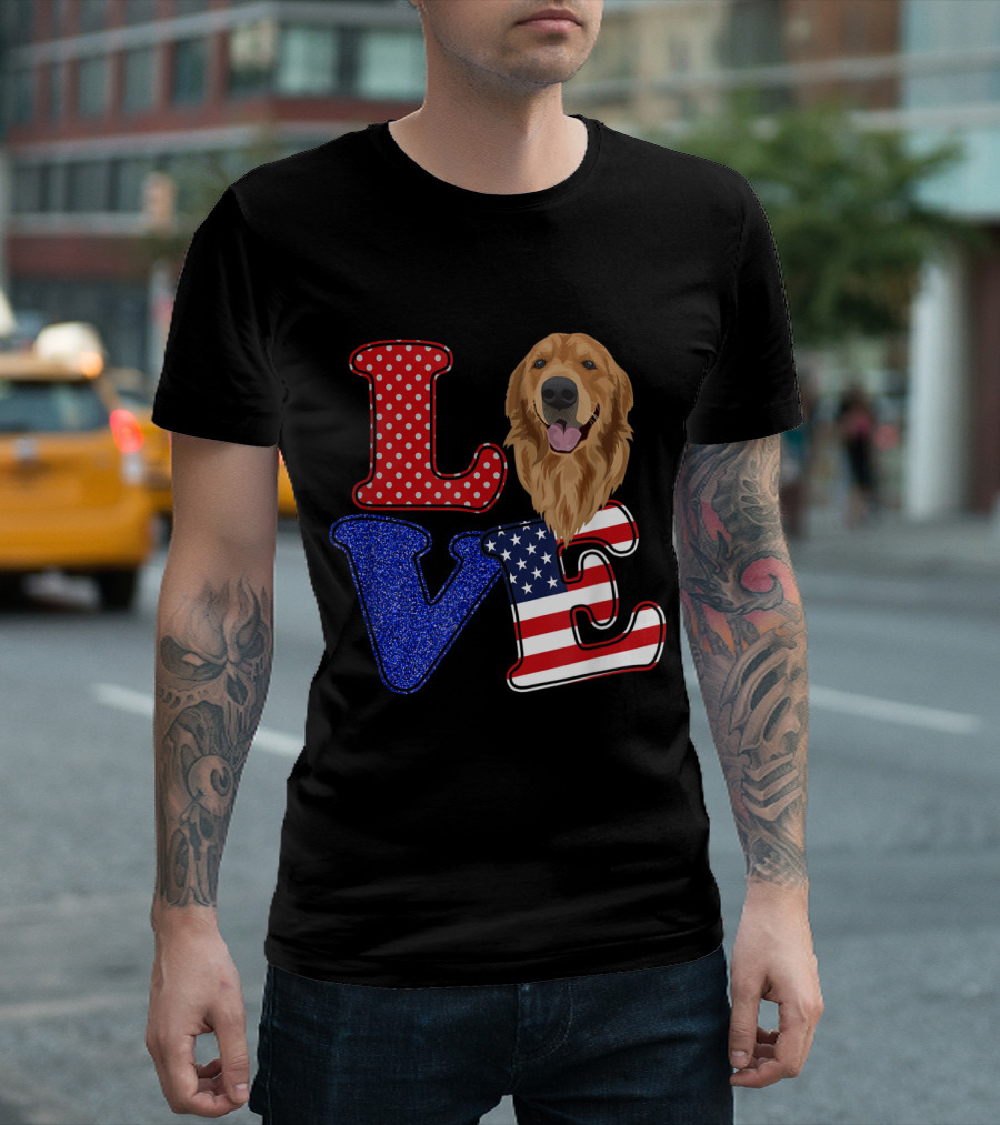 LOVE Golden Retriever Dog with American Flag Letters T-Shirt